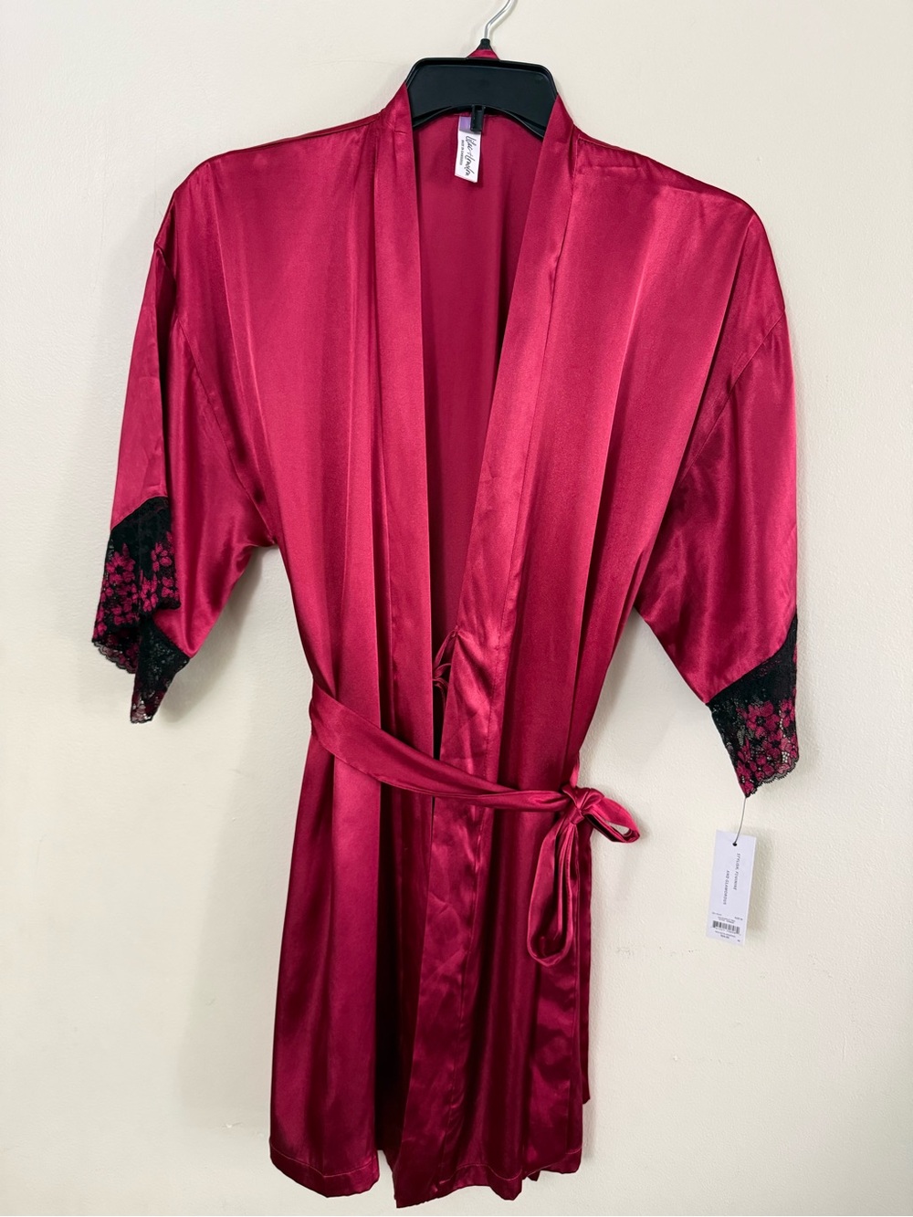 Women's Satin Burgundy Robe with Lace Cuffs